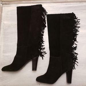 Suede Knee High Fringe Black Boots Cosmopolitan